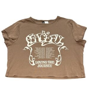 H&M women's brown and white "be peaceful" graphic cropped tee, size small.